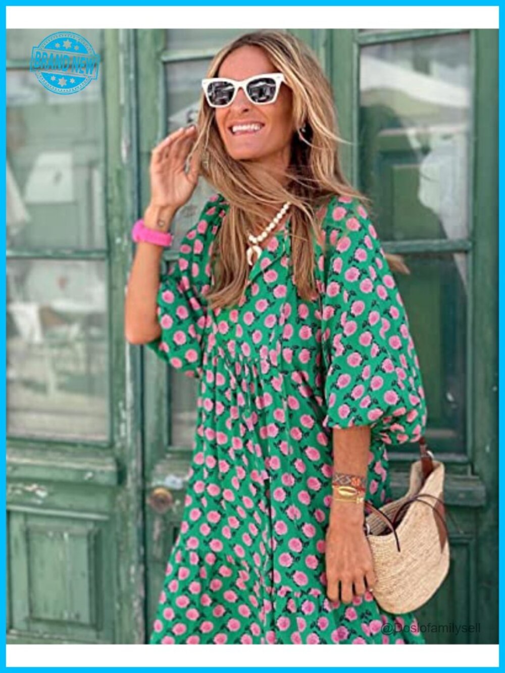 Women's Bohemian V-Neck Half Sleeve Maxi Dress Loose Fit Flowy Ankle Length - Picture 3 of 7